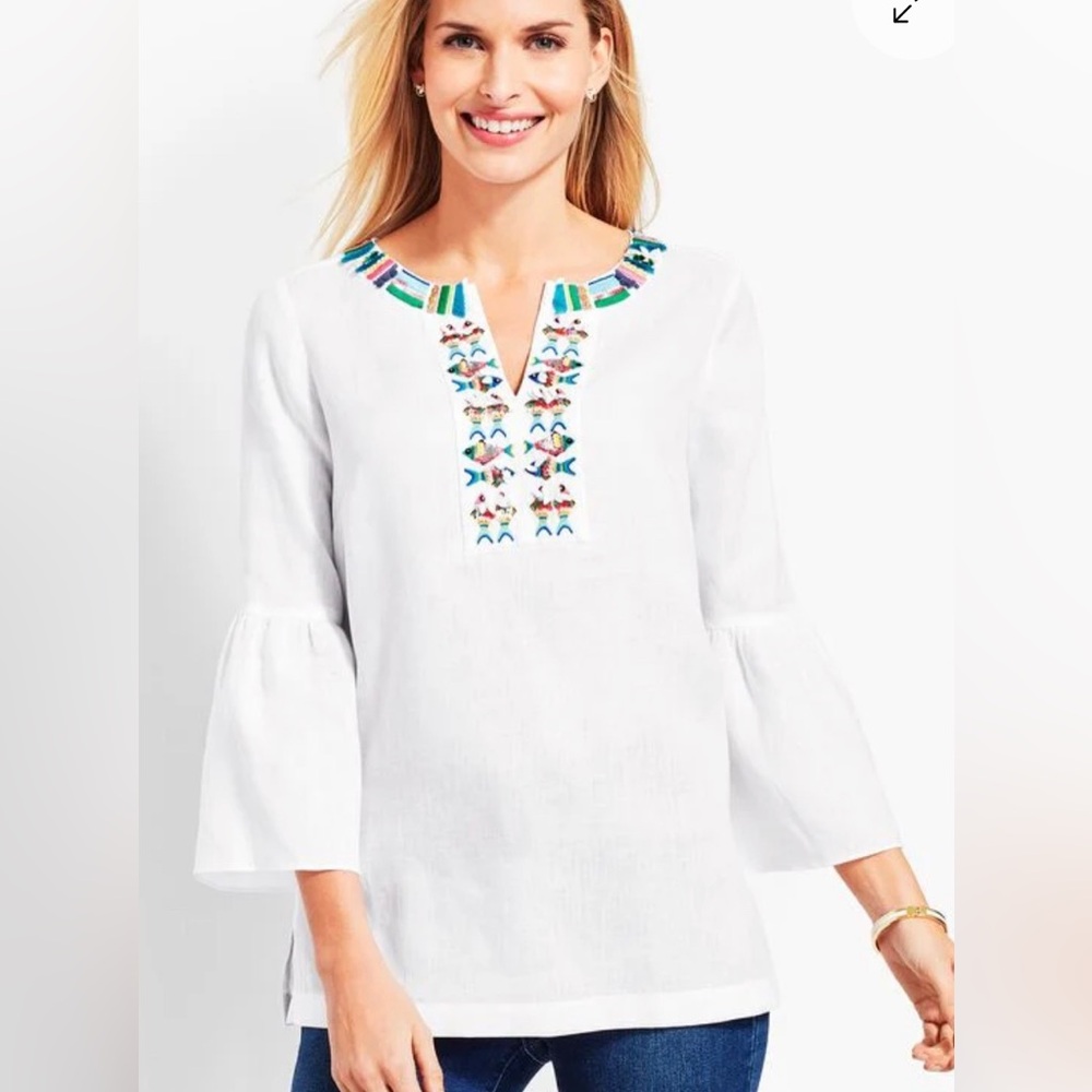 Talbots Women’s 100% Linen Fish Embroidered Sequin Embellished Tunic Top Size Lp